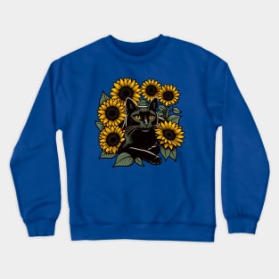 Black cat surrounded by sunflowers Crewneck Sweatshirt